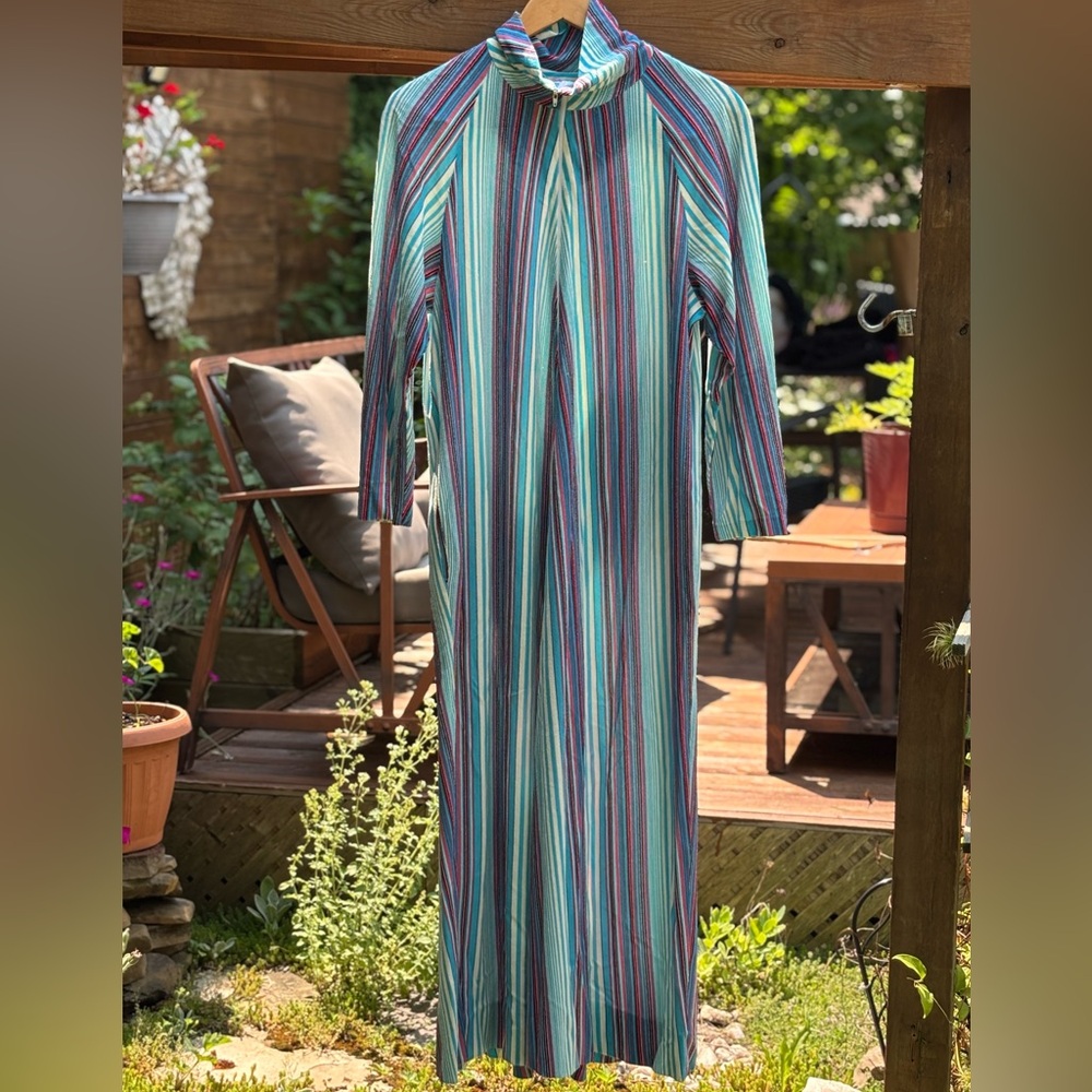Vintage Long House Coat, Loungewear, bathing suit cover up, Striped Multicolour